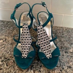 Pelle Moda Teal Suede Rhinestone High Heels 6.5